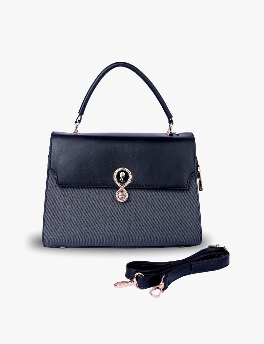 Stylish Sling Bag – Black Faux Leather with Contrasting Bottom Panel