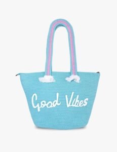 Embroidered Tote – Good Vibes Text with Braided Fabric and Zip Closure
