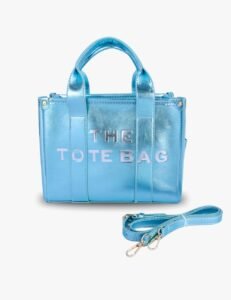 Icy Chic Metallic Tote – Glossy Finish Handbag with Embossed Lettering and Dual Carry Options